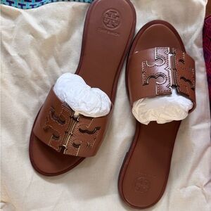 Tory Burch Tan/Gold Ines Slide Sandals